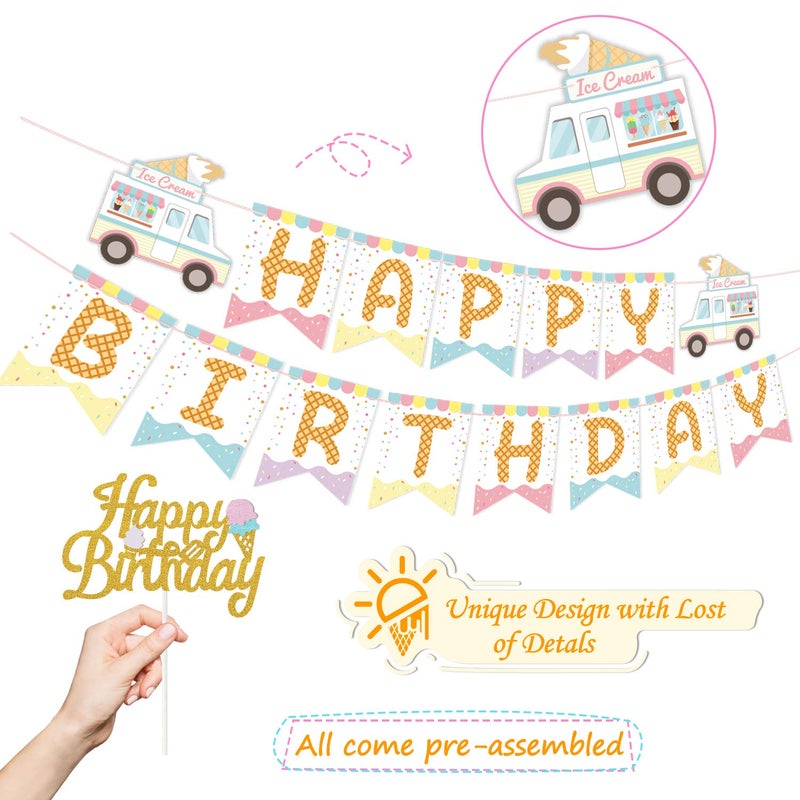 Marwey Ice Cream Birthday Banner and Cake Topper Summer Colorful Ice Cream Themed Kids Birthday Party Supplies - Image 2
